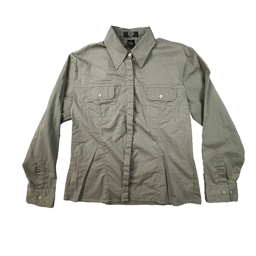 Steps New York Women's L Olive Green Utility Stretch LS Shirt Made in Hong Kong